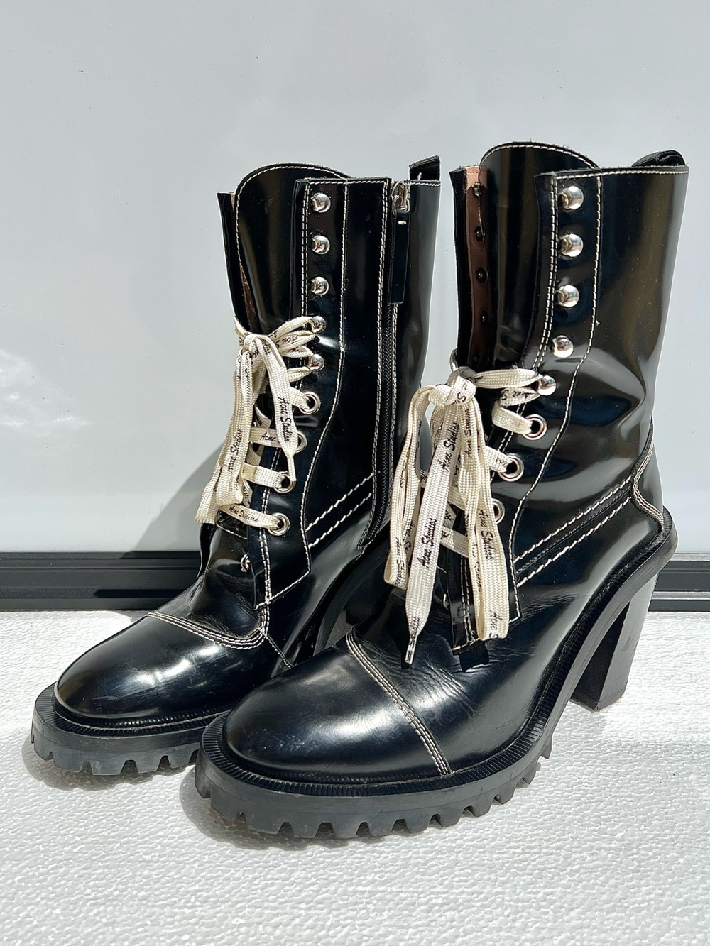 Acne Studios Black Leather Block Heel Lace Up Boots Women’s Size 38